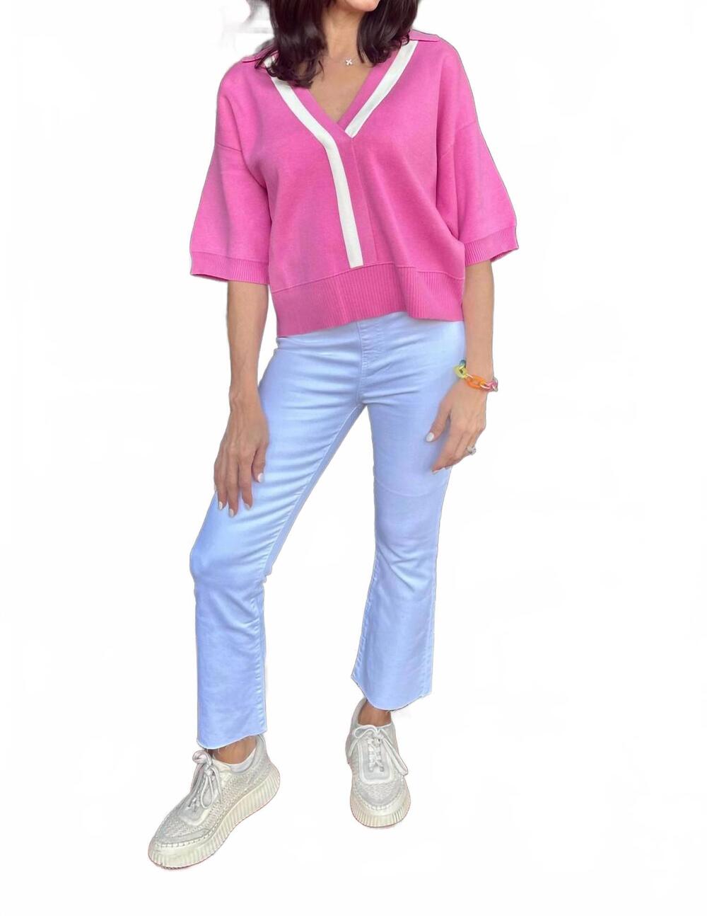 NEW ENTRO ribbed hem v neck sweater in pink